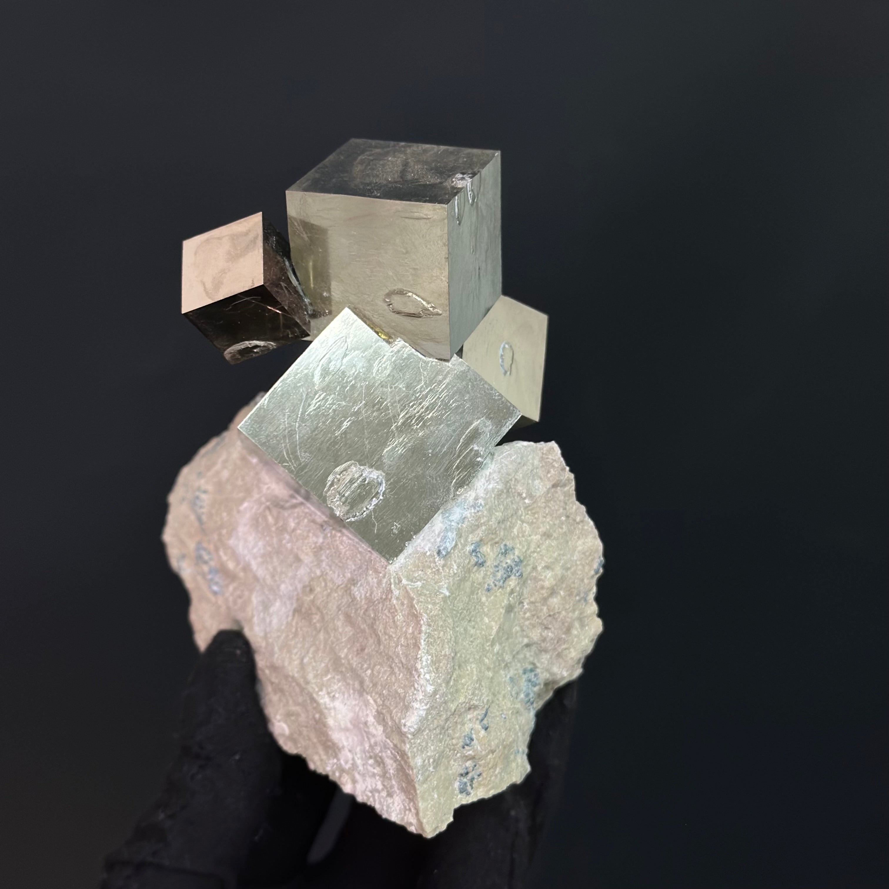 Cluster Pyrite on Matrix, 4 cube’s formation, from Mina Ampliación A Victoria, Navajún, Spain.