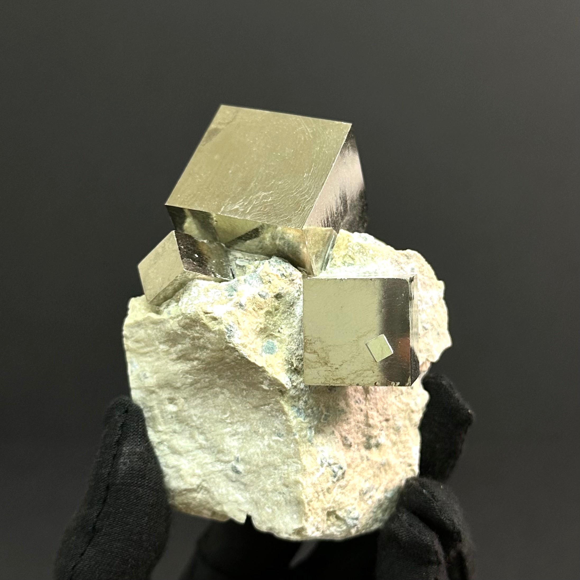 Multiple 3 Cubes Pyrite on Matrix from Mina Almpliación A Victoria, Navajún, Spain